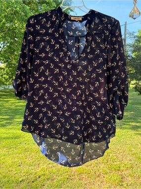 Wishful Park Anchor Print Blouse Sz XL Nautical Yacht Sailboats Resort Vacation